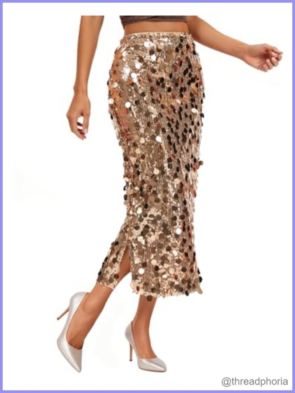 Sequin Midi Skirt High Waist Side Slit Stretchy Sparkle Party Skirt